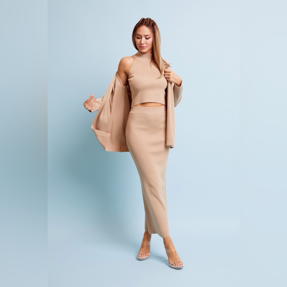 NWOT Three Piece Turtleneck Skirt and Cardigan Set in Mocha